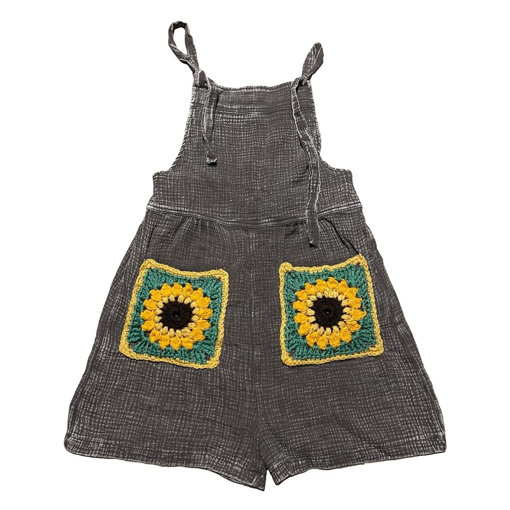 Zenana Washed Brown Sunflower Overall Romper Shorts Utility Pockets Garden Small